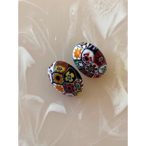 Vintage Millefiori Clip-On Earrings With Colorful Floral Glass Design - Picture 3 of 13